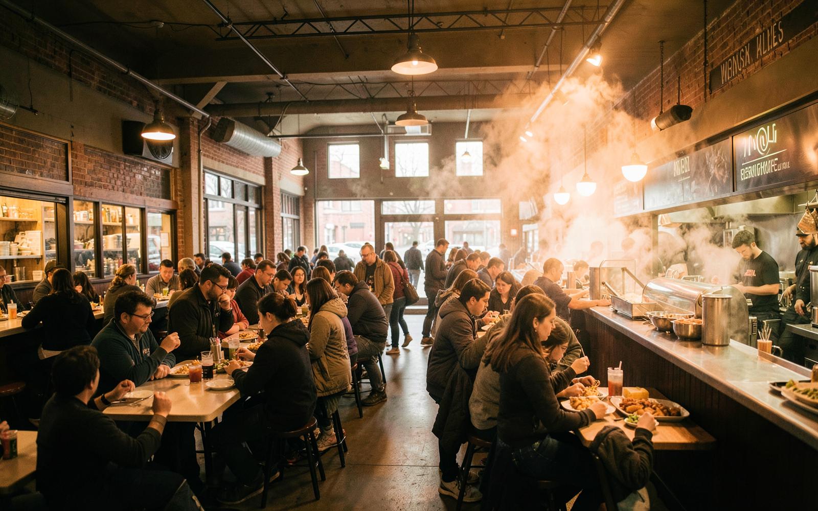 A crowded indoor market hall in Minneapolis with vendors and diners