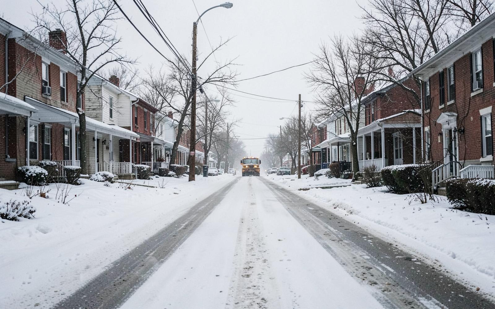 A quiet residential street in winter light with bare trees